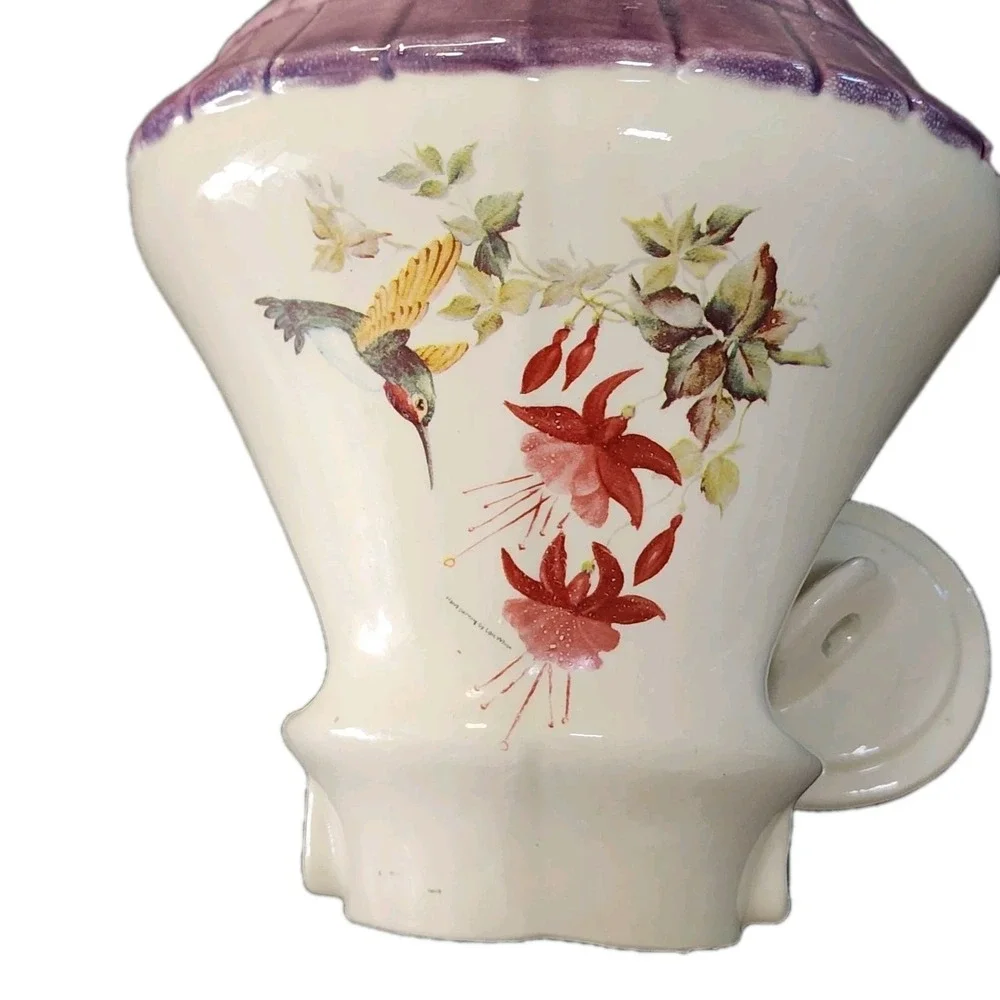 Vintage Ceramic Garden Bird Feeder Whimsical Cottage Purple Turret Roof Rare